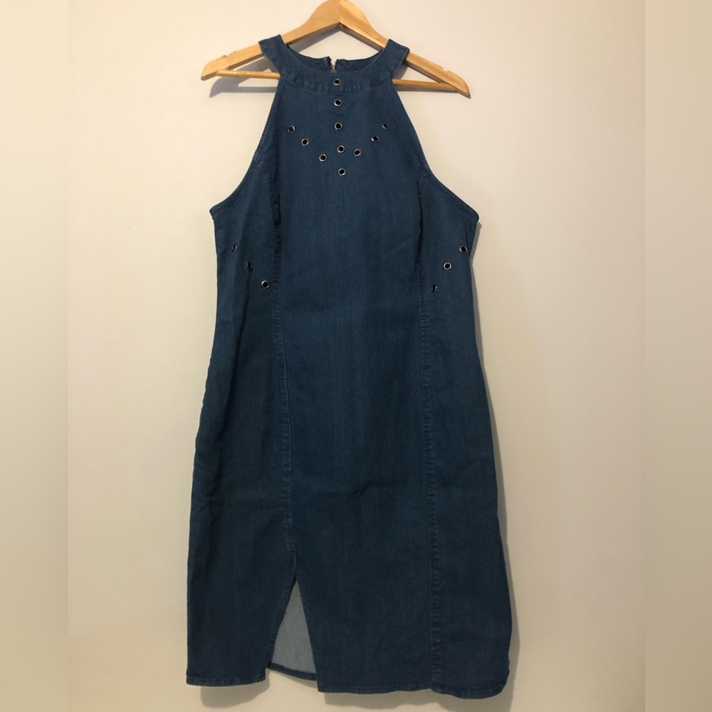NWT Ashley Stewart Denim Grommet Halter Denim Dress With Slit Women’s 16 XL